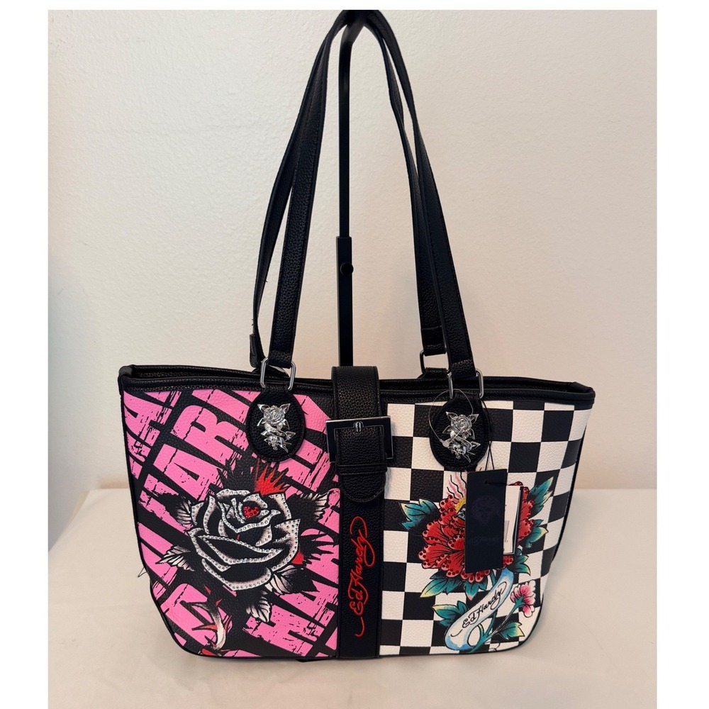 Ed Hardy Tote Bag Sz OS Pink Checkerboard Tattoo Graphic Crystal Y2K Purse